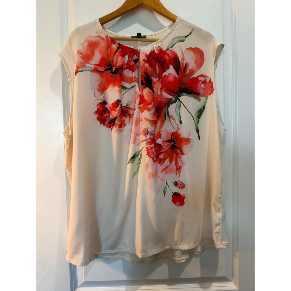 The Limited Collection Floral Sleeveless Blouse Cream Red 1X Mixed Media Keyhole